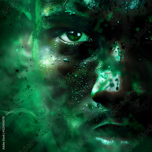 Wallpaper Mural An intense close-up of a man's eye, surrounded by a dramatic burst of green powder, creating a surreal and striking portrait. Torontodigital.ca