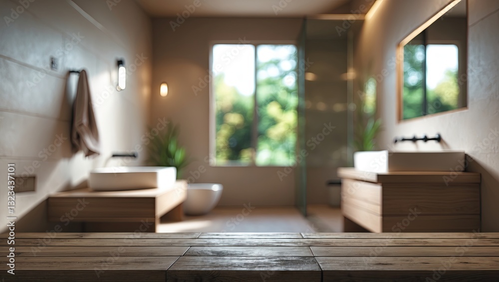 Fototapeta premium Modern bathroom interior featuring a blurred background, natural lighting, wooden furnishings, and an empty tabletop ideal for product display.