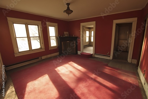 Sunlight in Abandoned Red House Room with Carpet