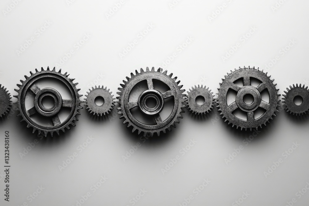 An arrangement of industrial metal gears on a white background An arrangement of industrial metal gears on a white background