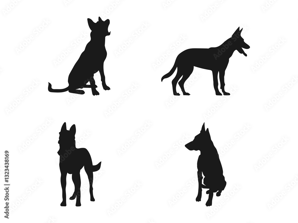 Belgian Malinois Dog Silhouette. Belgian shepherd dog Malinois - isolated vector illustration. Vector, isolated silhouette of Belgian Malinois. Vector illustration isolated on a white background. Belgian Malinois Dog Silhouette. Belgian shepherd dog Malinois - isolated vector illustration. Vector, isolated silhouette of Belgian Malinois. Vector illustration isolated on a white background.