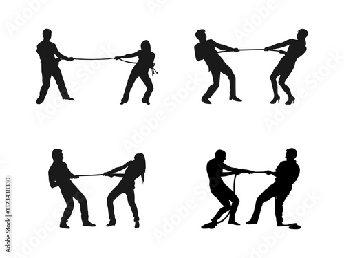 Young couple in a tug of war with a rope silhouette. A man and woman are pulling rope. business competitive metaphor. vector icon. Vector illustration isolated on a white background.