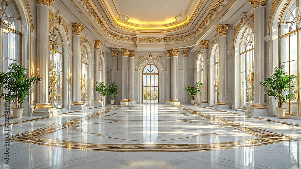 Fototapeta premium Elegant grand hall with marble flooring and large windows, showcasing natural light and greenery