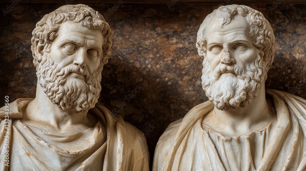 Ancient roman marble busts of bearded caucasian male figures exhibiting detailed classical sculpture Ancient roman marble busts of bearded caucasian male figures exhibiting detailed classical sculpture