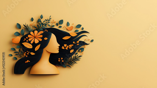 vibrant illustration of woman with flowing hair surrounded by colorful flowers and leaves, symbolizing nature and femininity. warm yellow background enhances lively composition
