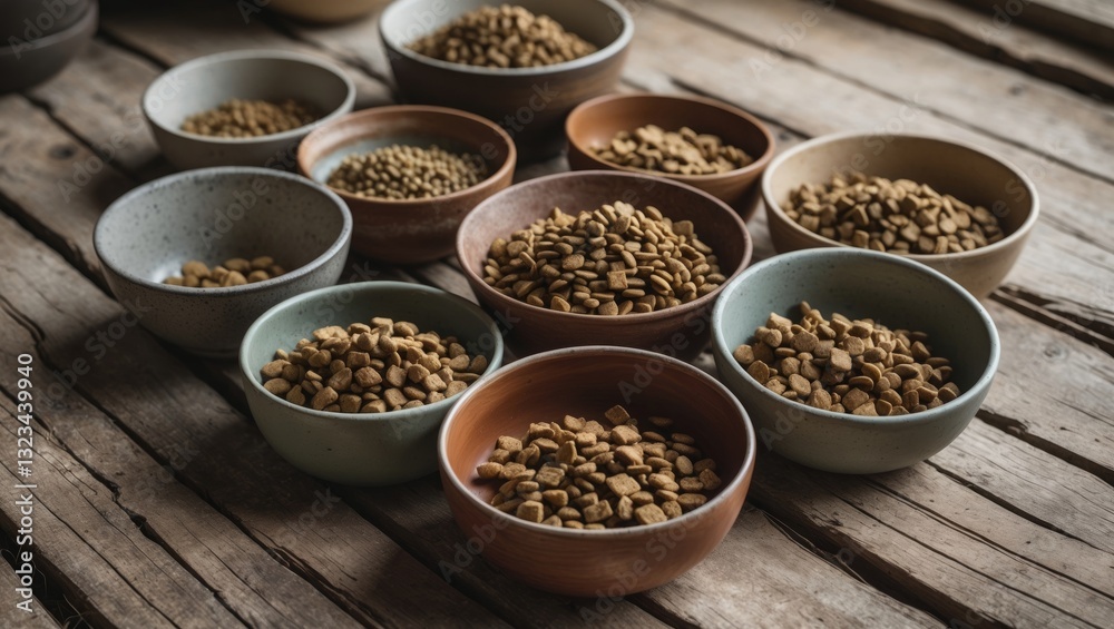 Pet food bowls with dry kibble in various earthy tones arranged on rustic wooden floor. Copyspace available for text or design elements. Pet food bowls with dry kibble in various earthy tones arranged on rustic wooden floor. Copyspace available for text or design elements.