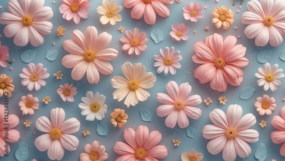 Pastel flower texture background with pink and white blooms on a soft blue surface, ideal for stylish design and wallpaper applications. Pastel flower texture background with pink and white blooms on a soft blue surface, ideal for stylish design and wallpaper applications.