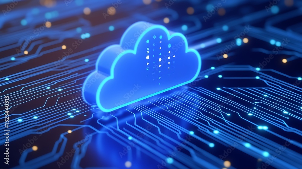 Digital Cloud Storage Concept with Circuit Board Background in Vibrant Blue and Black Colors Digital Cloud Storage Concept with Circuit Board Background in Vibrant Blue and Black Colors