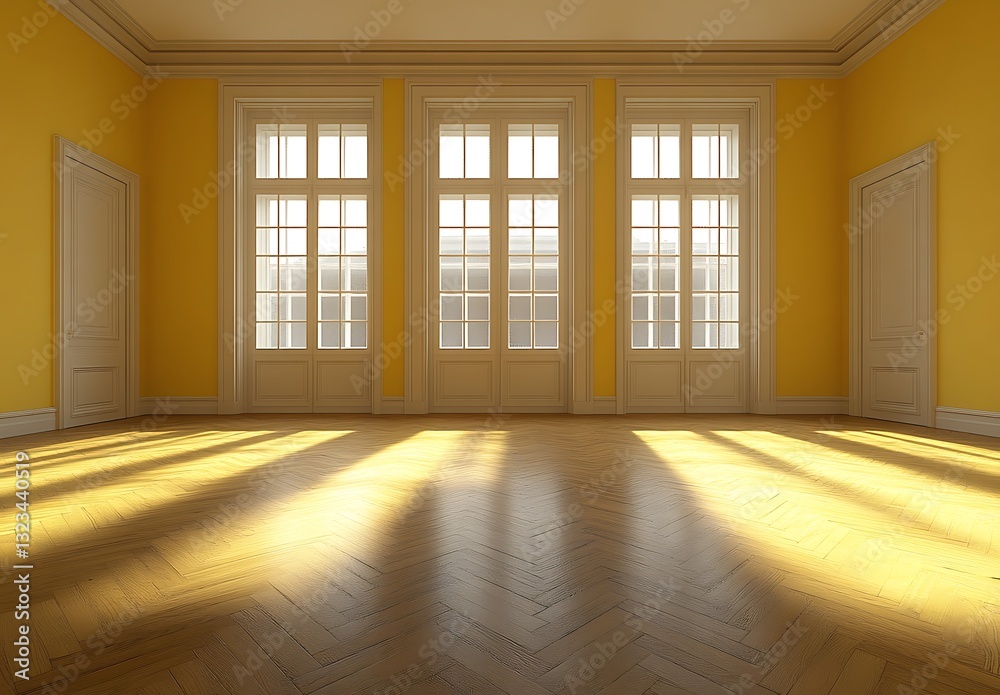 Fototapeta premium Sunlight on Hardwood Herringbone Parquet Floor in Yellow Room