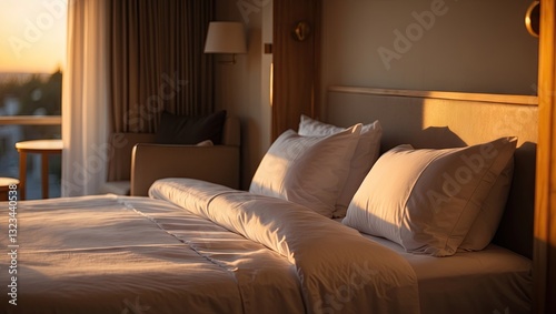 Luxury hotel room with soft beige bedding and fluffy pillows, illuminated by warm evening light, creating a cozy and inviting atmosphere.