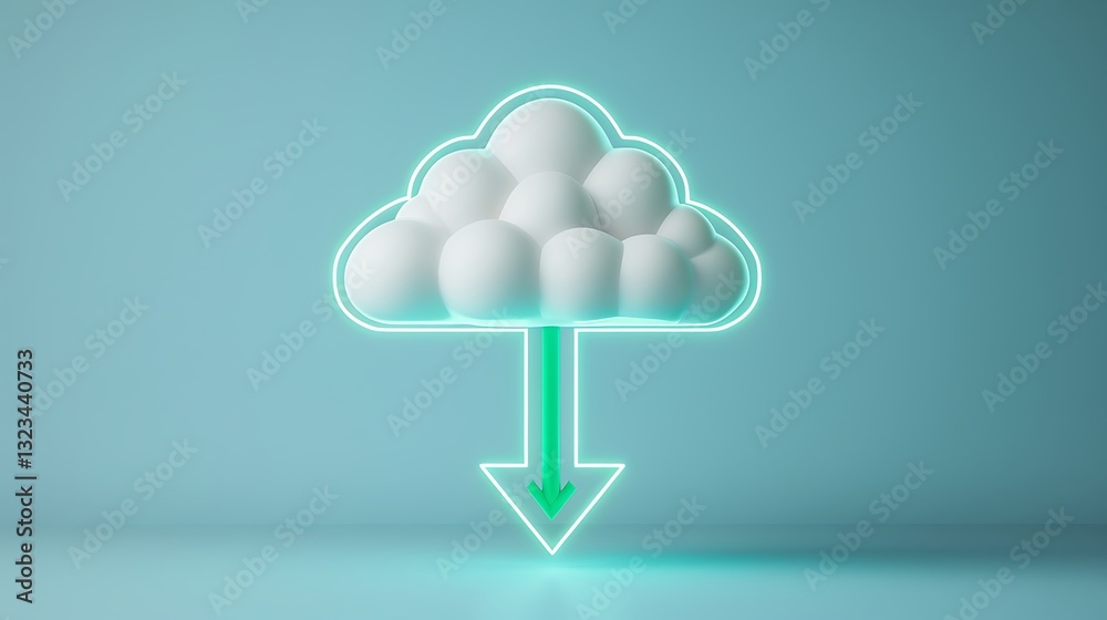 Digital cloud storage icon with glowing elements and download arrow on a teal background for modern technology concepts