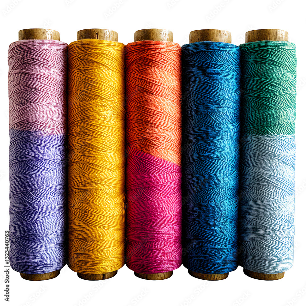 Colorful Thread Spools in a Row , Display of Various Colors and Thread , Photography, Isolated