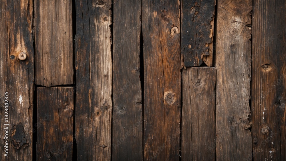 Naklejka premium Rustic dark brown wood texture background displaying uneven, weathered planks arranged vertically, highlighting natural grain and imperfections.