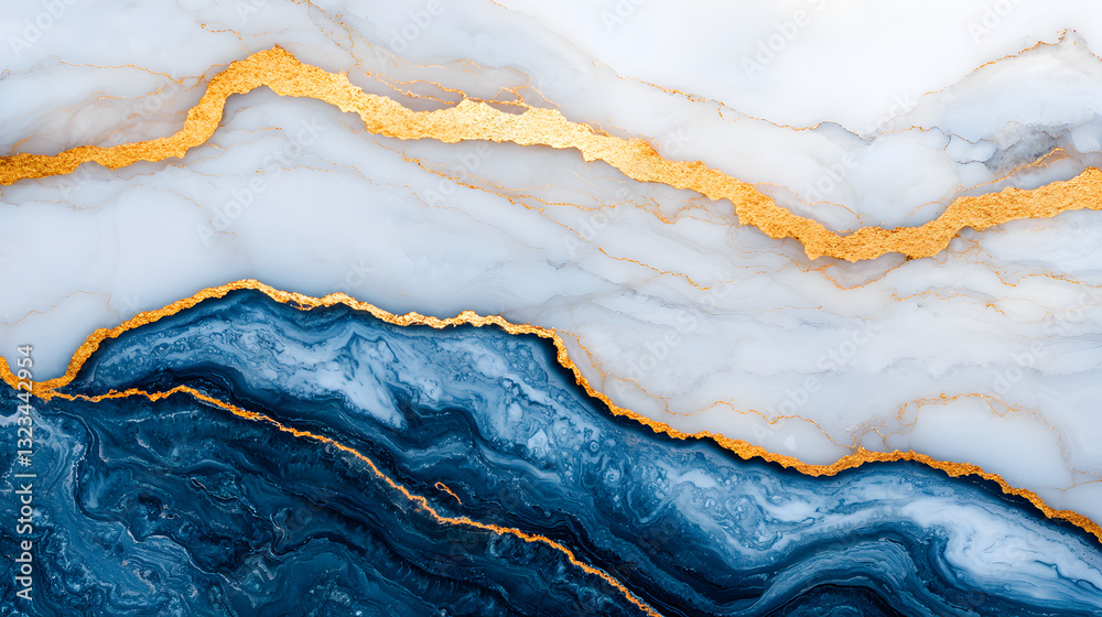 Naklejka premium A stunning abstract design featuring smooth waves of blue and white marble, accented with striking gold veins.