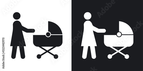 Woman with Baby Stroller icons pack in solid style