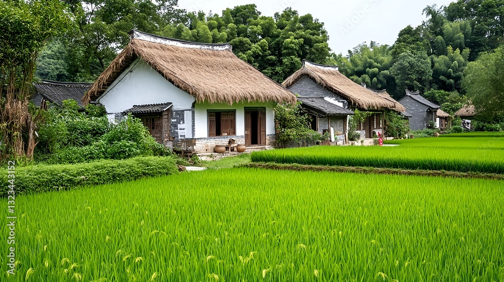 Idyllic Chinese Village Rice Paddy Houses - Authentic travel destin. Idyllic Chinese Village Rice Paddy Houses - Authentic travel destin.