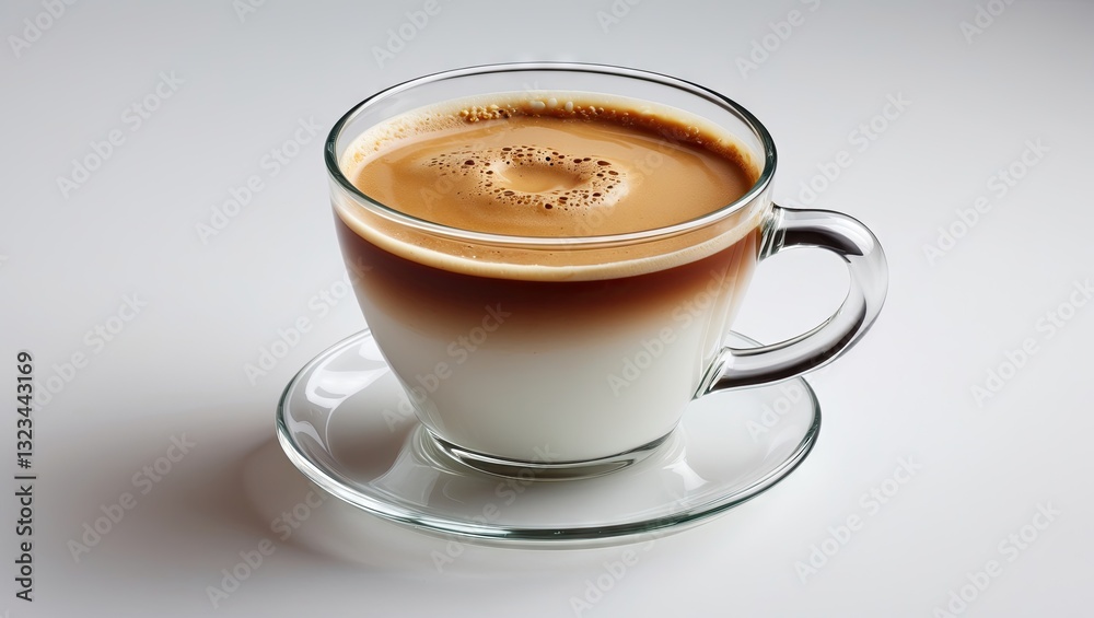 Hot coffee with milk in a clear glass cup filled with warm brown beverage on a white background creating a cozy atmosphere with ample copy space. Hot coffee with milk in a clear glass cup filled with warm brown beverage on a white background creating a cozy atmosphere with ample copy space.