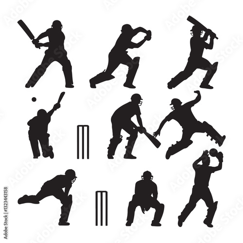 Large collection of silhouettes of cricket player - batsman, bowler & cricket elements.
