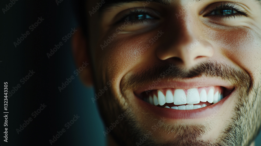 Close-Up of a Handsome Man with a Bright White Smile in Dark Lighting Close-Up of a Handsome Man with a Bright White Smile in Dark Lighting