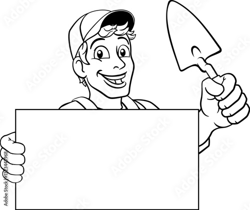 A bricklayer handyman cartoon construction mascot character man holding a trowel tool
