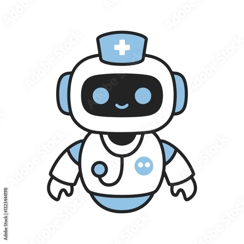 Medical robot doctor, bot helper, artificial intelligence assistant for online consultation. Robotic character for help in healthcare. Vector flat illustration