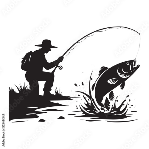 Fisherman catching a fish silhouette
