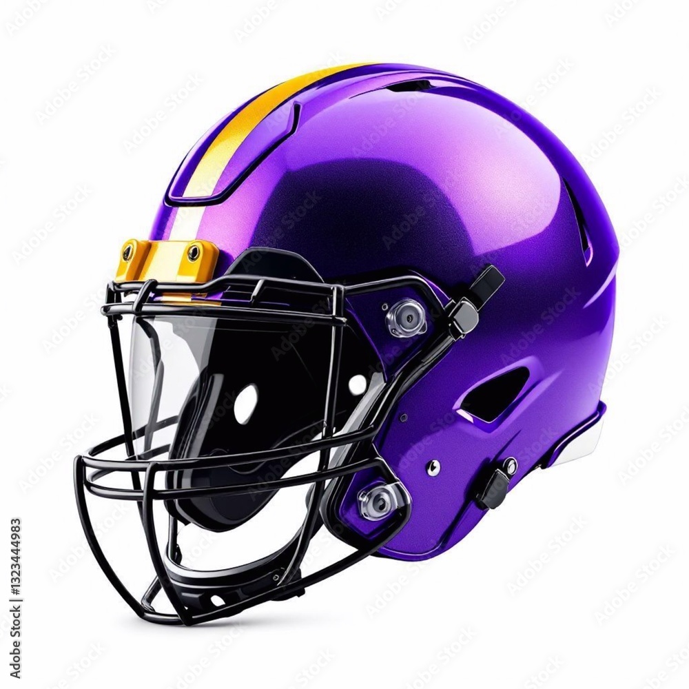 Naklejka premium Purple and Gold Football Helmet: A sleek and modern football helmet with a vibrant purple finish, accented by a gold stripe and visor, ready for the game. 