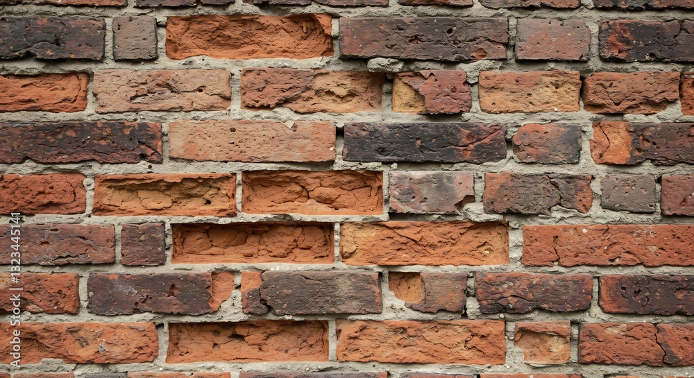 Obraz premium Rustic red brick wall texture subtly lit warm tones aged uneven surface. AI Generated