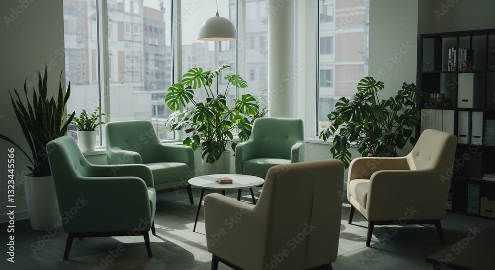 Fototapeta premium Serene Green Office Waiting Room Sunlight. AI Generated