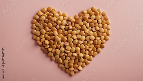 Heart-shaped arrangement of yellow lentils on a soft pastel pink background, showcasing love and nourishment in a creative layout.