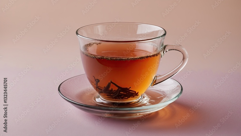 Transparent glass cup filled with amber black tea on a clear saucer, set against a soft pastel-colored background with a smooth gradient. Transparent glass cup filled with amber black tea on a clear saucer, set against a soft pastel-colored background with a smooth gradient.