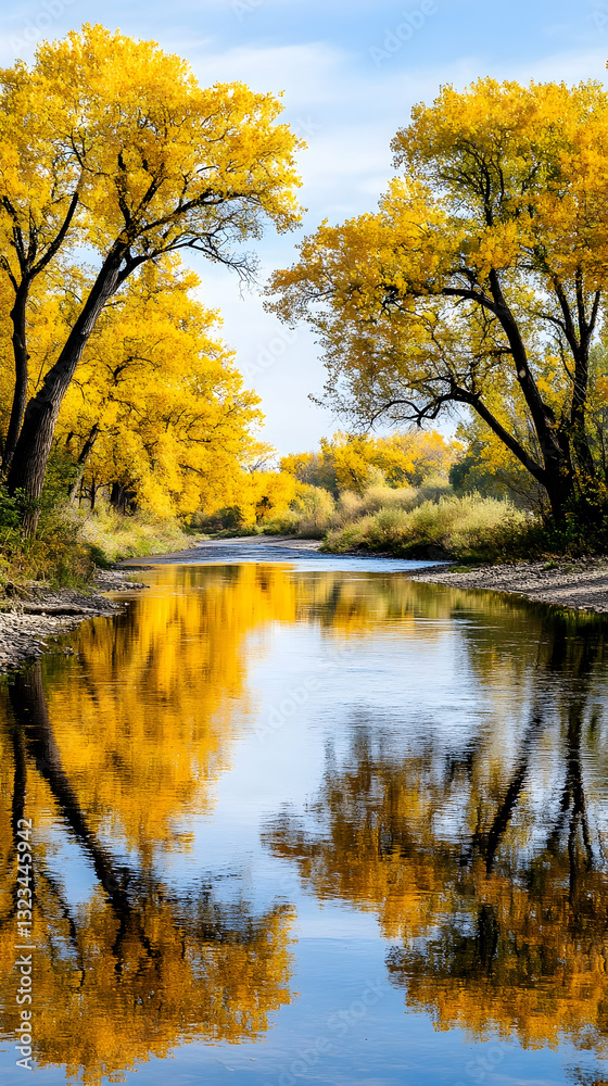 Autumnal river reflecting vibrant yellow foliage Autumnal river reflecting vibrant yellow foliage