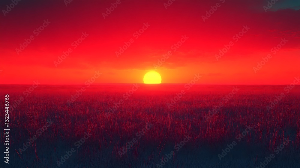 Fototapeta premium Fiery Sunset Over Grassy Plains A Vivid Scene