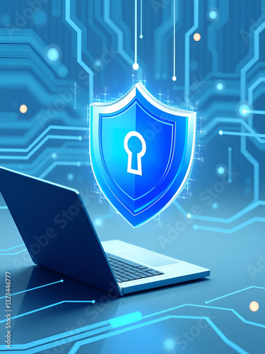 An abstract representation of cybersecurity featuring a laptop and a blue futuristic shield, symbolizing protection and digital security vital in todays world of constant online threats