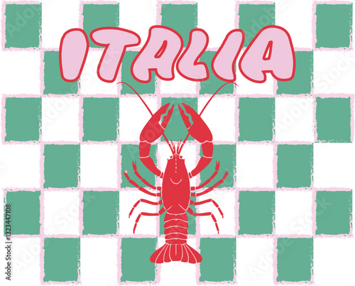 Lobster cute seafood Italia pink novelty conversational lobsters la dolce vita italy retro trending pyjama Graphic Vector Logo T-shirt Design emblem crest Fashion