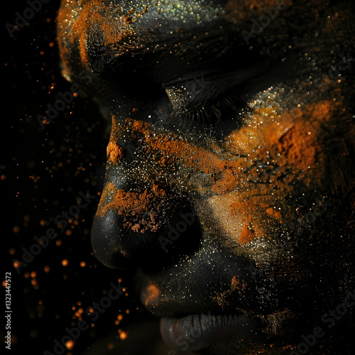A close-up portrait of a person’s face partially covered by a dramatic burst of fiery orange dust, creating a surreal and intense artistic effect.