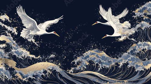 Graceful cranes soaring above a stylized wave pattern, intricate hand-drawn linework, elegant curves