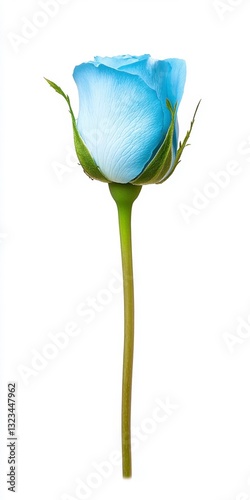 Single light blue rose with green stem on white background. Close up view of a delicate, pastel colored flower.