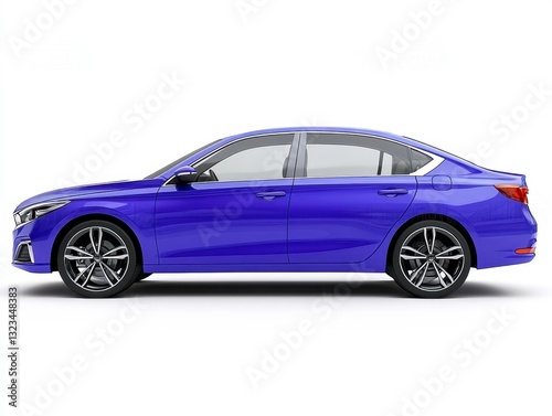 Side profile of a blue modern sedan on a white background. The car is sleek and stylish, showcasing its design details.