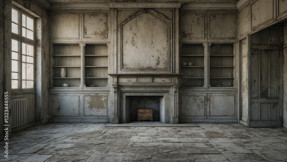 Abandoned room interior with peeling gray walls and distressed wooden shelves, featuring a vintage fireplace and natural light from large windows. Abandoned room interior with peeling gray walls and distressed wooden shelves, featuring a vintage fireplace and natural light from large windows.