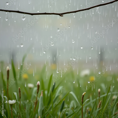 Gentle rain on a spring day, nourishing and renewing the earth minimalist realistic