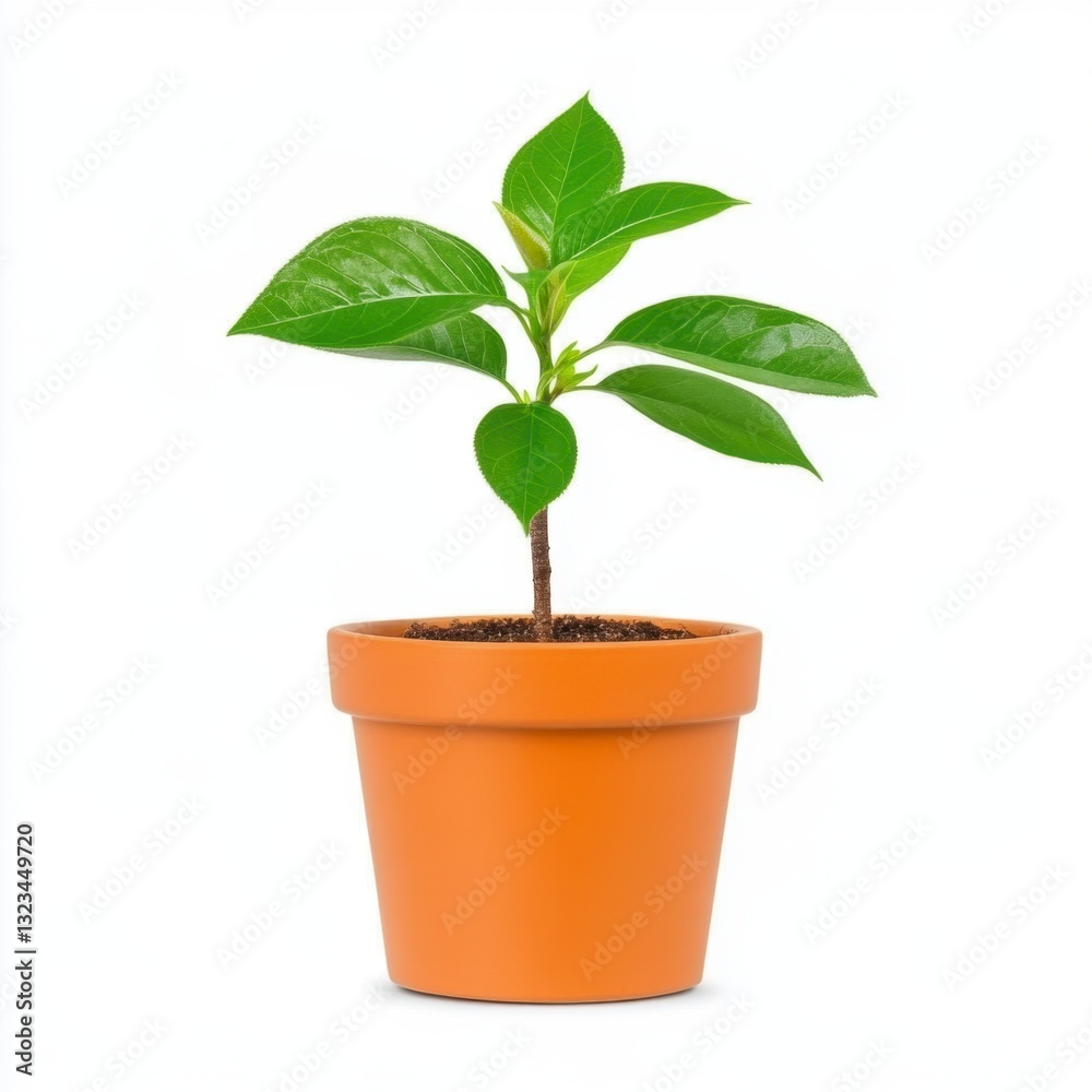 Small green plant with vibrant leaves in a terracotta pot against a white background. Small green plant with vibrant leaves in a terracotta pot against a white background.