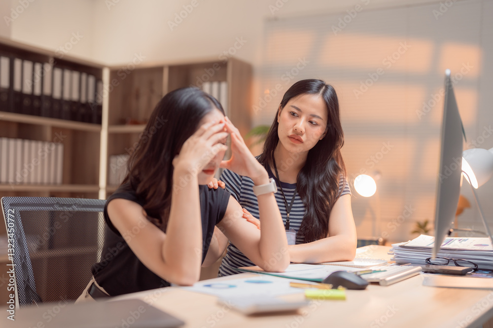 Asian businesswoman is comforting her stressed colleague who is covering her face with her hands, showing concern and support in the workplace Asian businesswoman is comforting her stressed colleague who is covering her face with her hands, showing concern and support in the workplace
