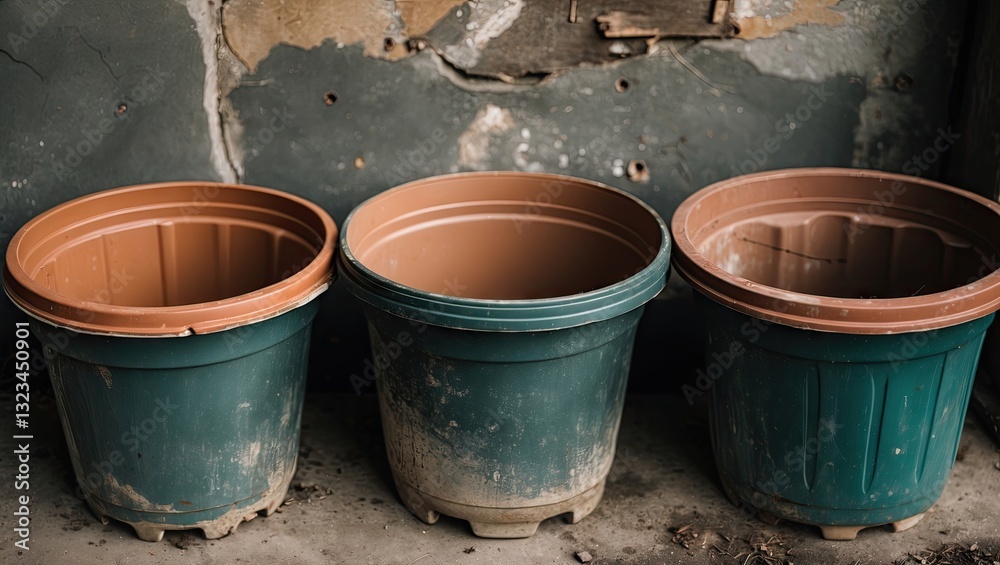 Fototapeta premium Vacant plastic flower pots in green and terracotta colors positioned in a row against a distressed wall with visible textures and imperfections.