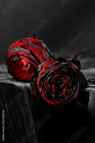 Two mourning rose flowers. Pair burnt roses on a burnt tree.  Selective focus