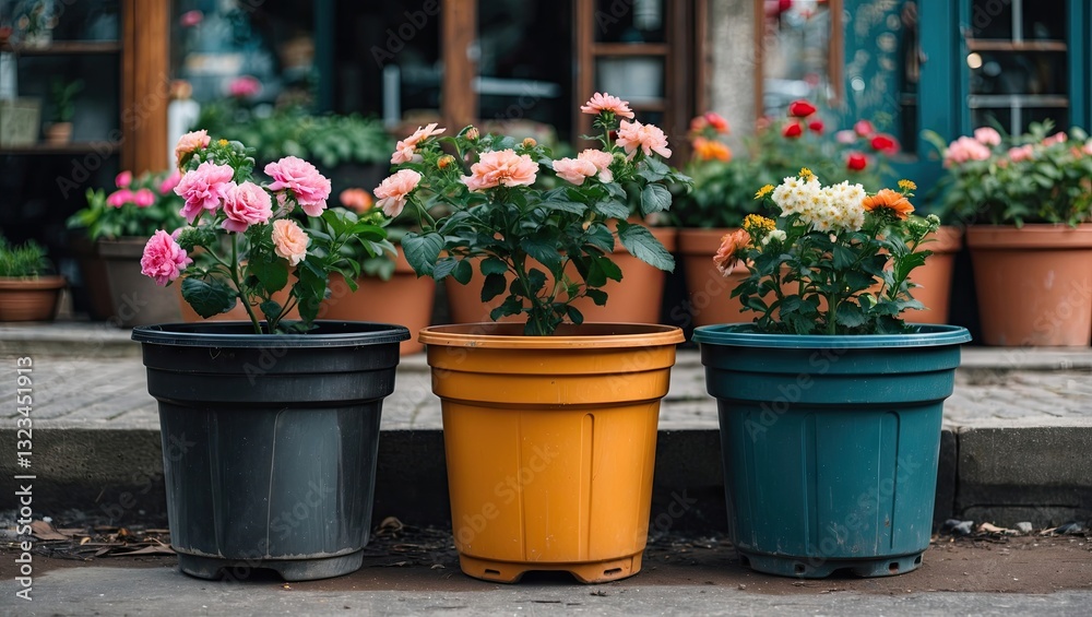 Three colorful plastic pots in black, yellow, and blue positioned in a line, surrounded by blooming rose bushes in a garden setting. Three colorful plastic pots in black, yellow, and blue positioned in a line, surrounded by blooming rose bushes in a garden setting.