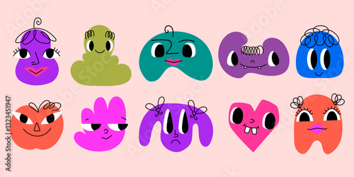 Colorful Doodle Abstract Geometrical Shapes of Blobs with Faces. Hand drawn organic multicolored funny cartoon avatars. Happy decorative emoticons for kids
