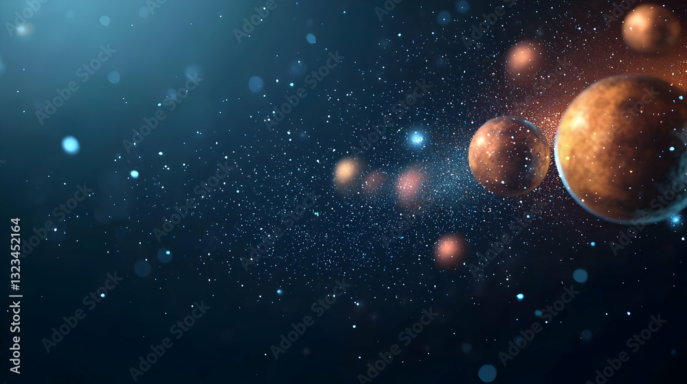 Orange Spheres Floating In A Dark Blue Space Background With Sparkling Lights Orange Spheres Floating In A Dark Blue Space Background With Sparkling Lights