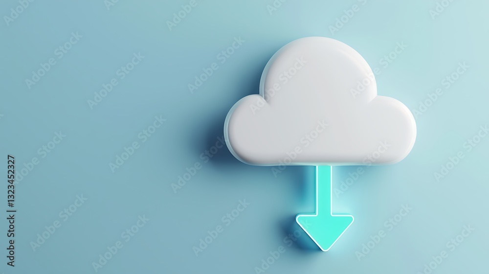 White cloud icon with downward arrow indicating download against a soft blue background for digital storage concept White cloud icon with downward arrow indicating download against a soft blue background for digital storage concept