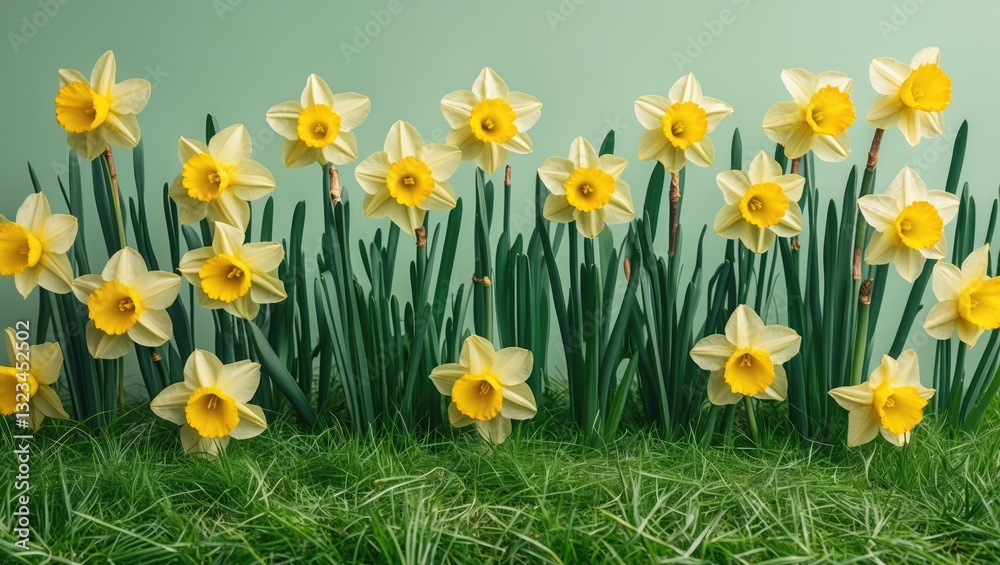 Fototapeta premium Vibrant yellow daffodils in full bloom against a soft pastel green background with lush green grass framed in a horizontal arrangement.